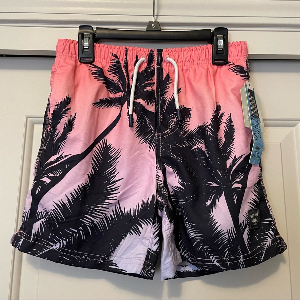NWT Spicy Tuna Boy’s 12 Swim Trunks Swimsuit Shorts Pink Palm Trees Drawstring